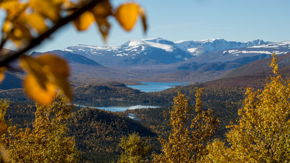 Utsikt innover Jotunheimen, Nedre og Øvre Sjodalsvatnet og hyttefeltet.